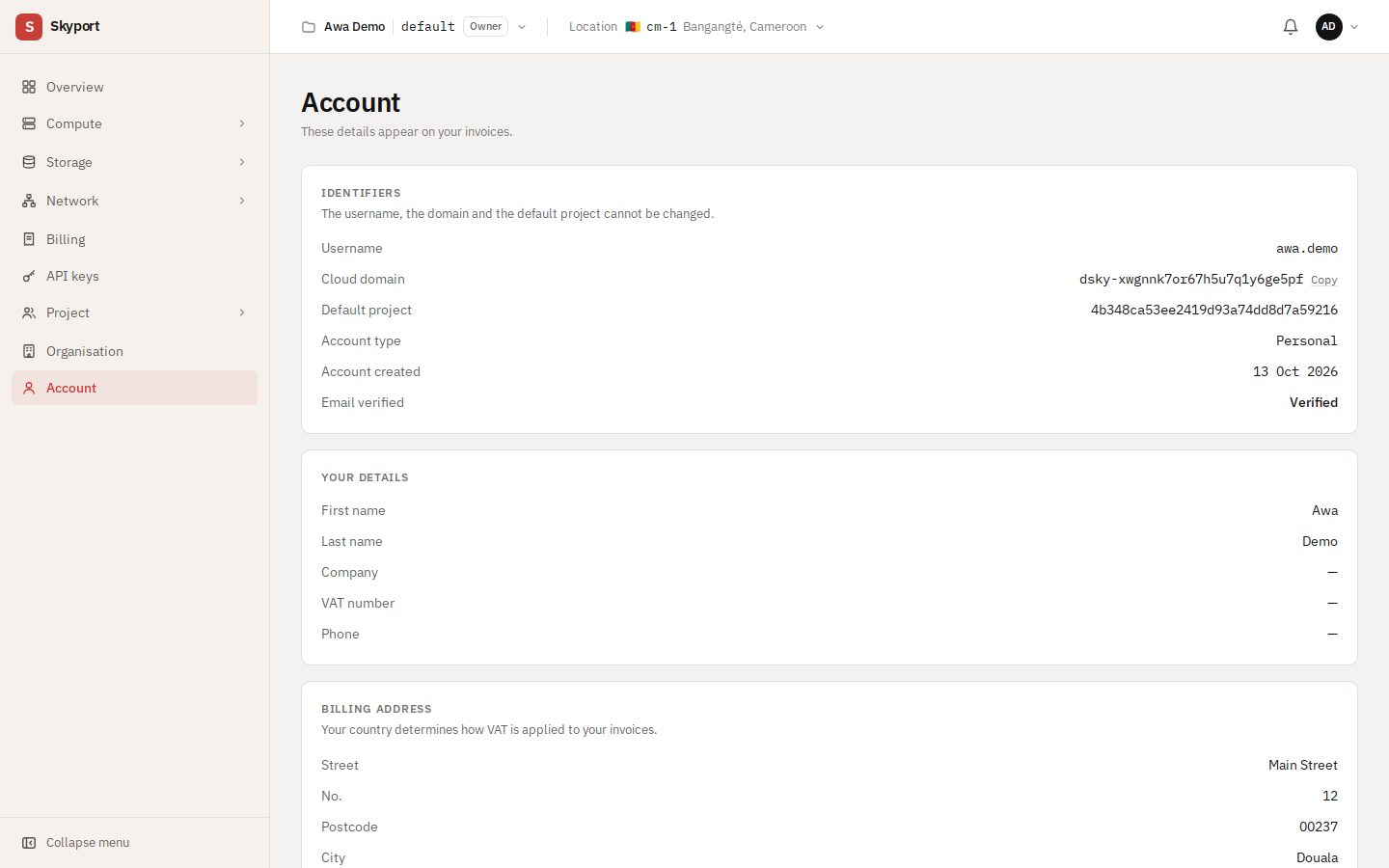 The Account page.
