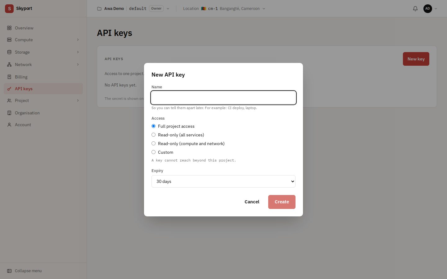 A new key: name, access and expiry.