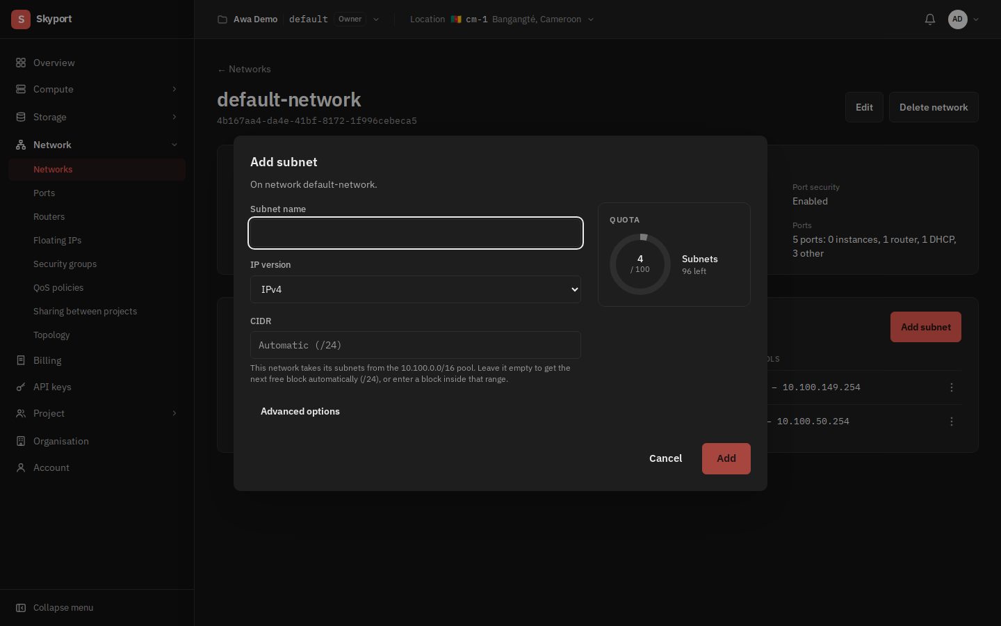 Adding a subnet to the default network: automatic, or a block inside the pool's range.