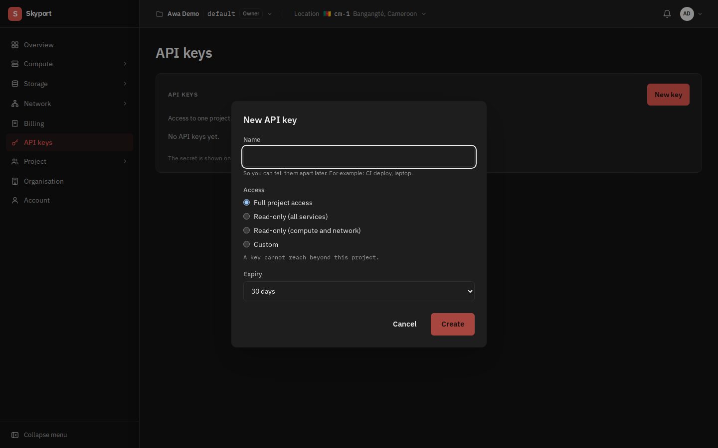 A new key: name, access and expiry.