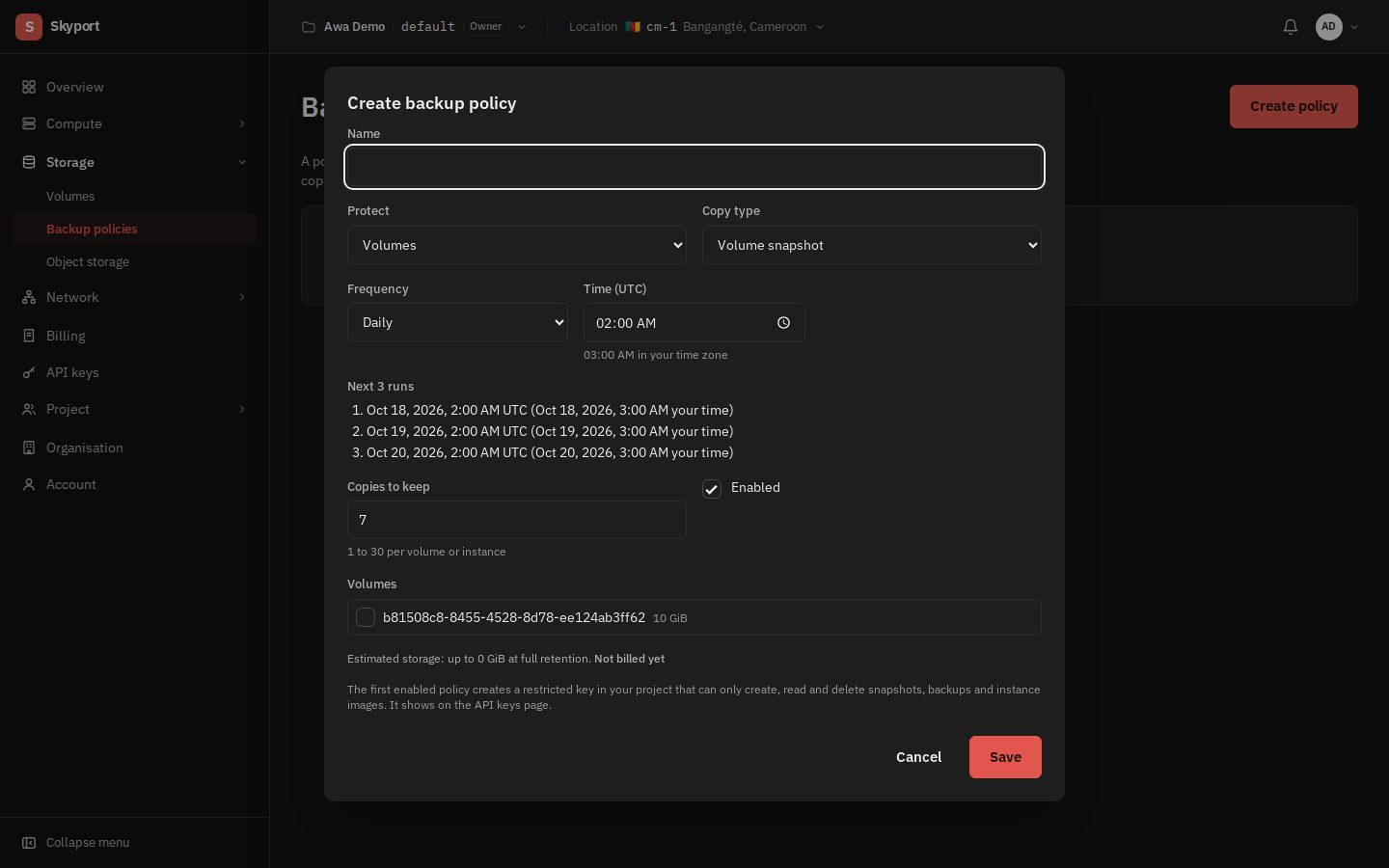 Creating a backup policy.