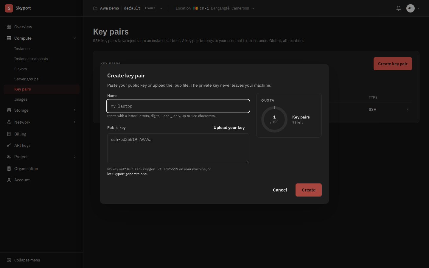 Create a key pair, or upload your own.