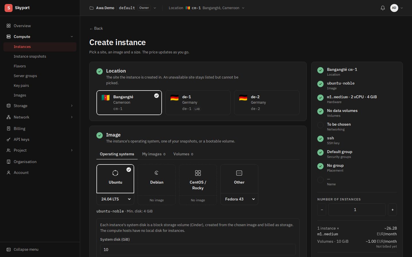 The creation wizard: location, image, hardware… and the summary on the right.