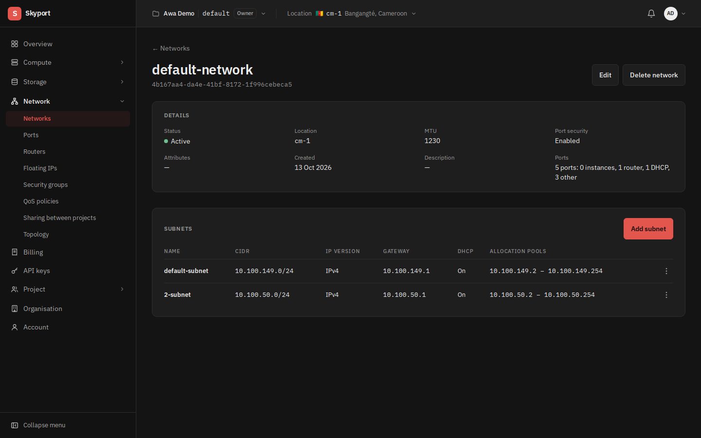 A network's page: its subnets and ports.