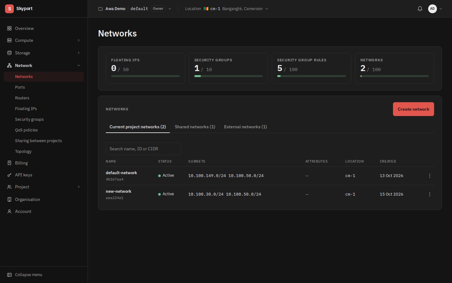 The project's networks.