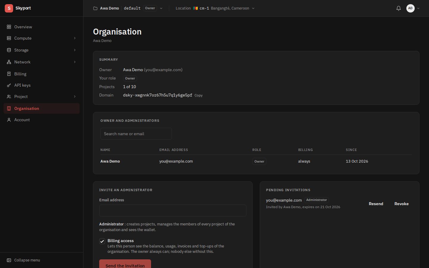 The Organisation page.
