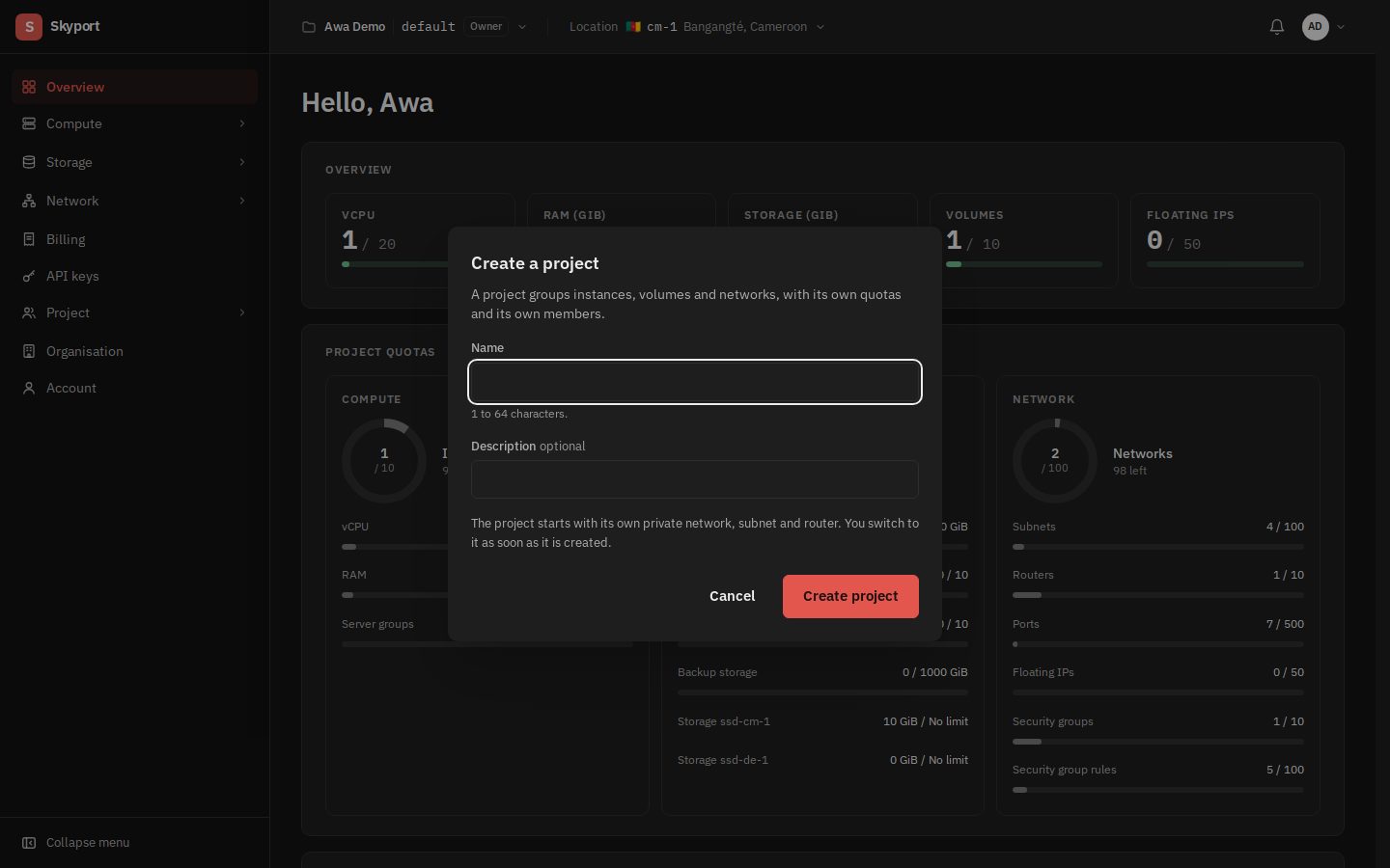 Creating a project, from the Project switcher.