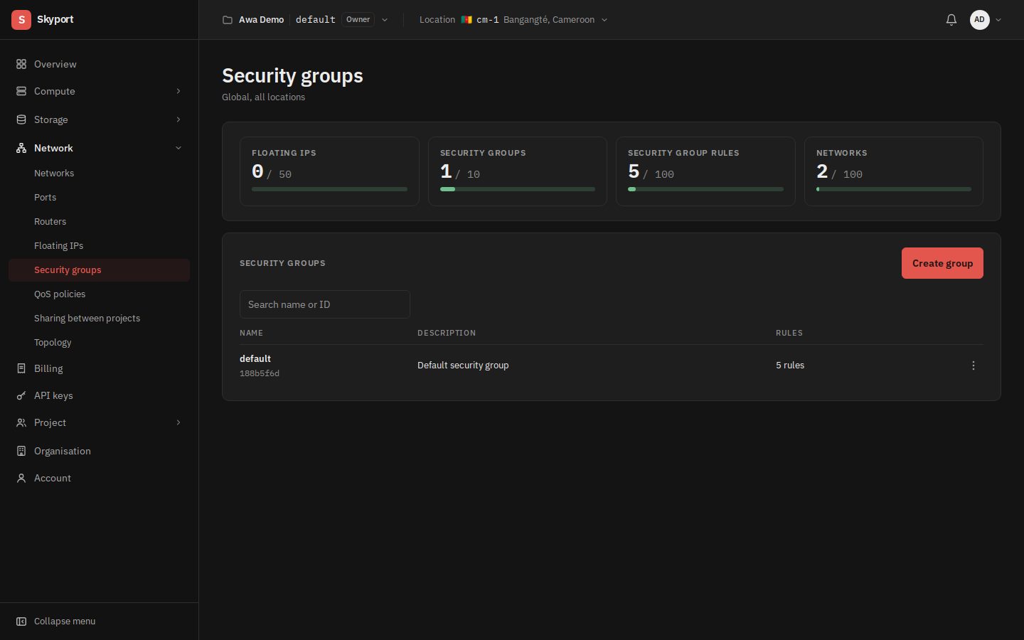 The project's security groups.