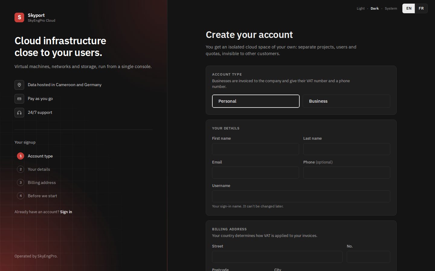 The portal's sign-up form.