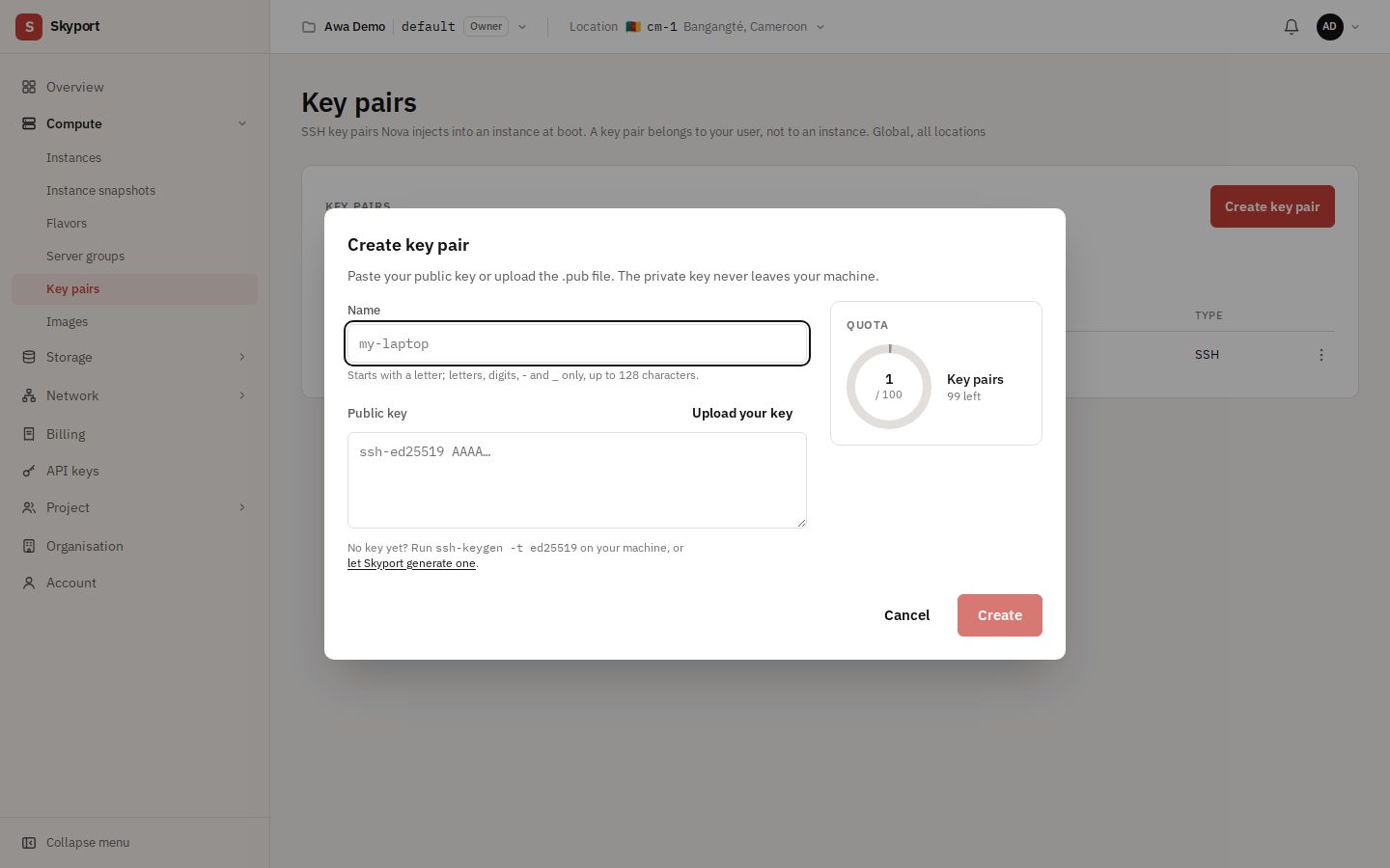 Create a key pair, or upload your own.