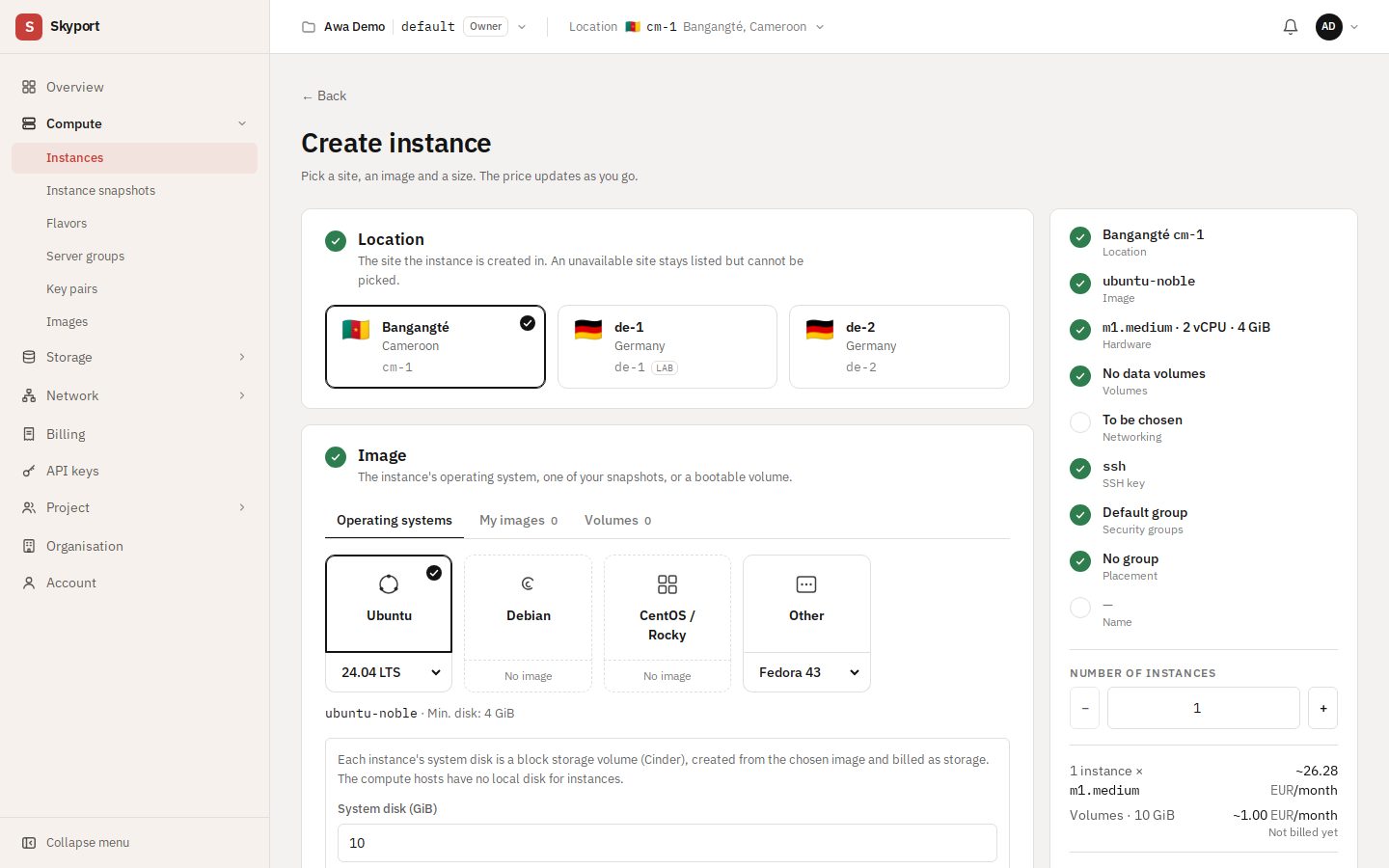 The creation wizard: location, image, hardware… and the summary on the right.