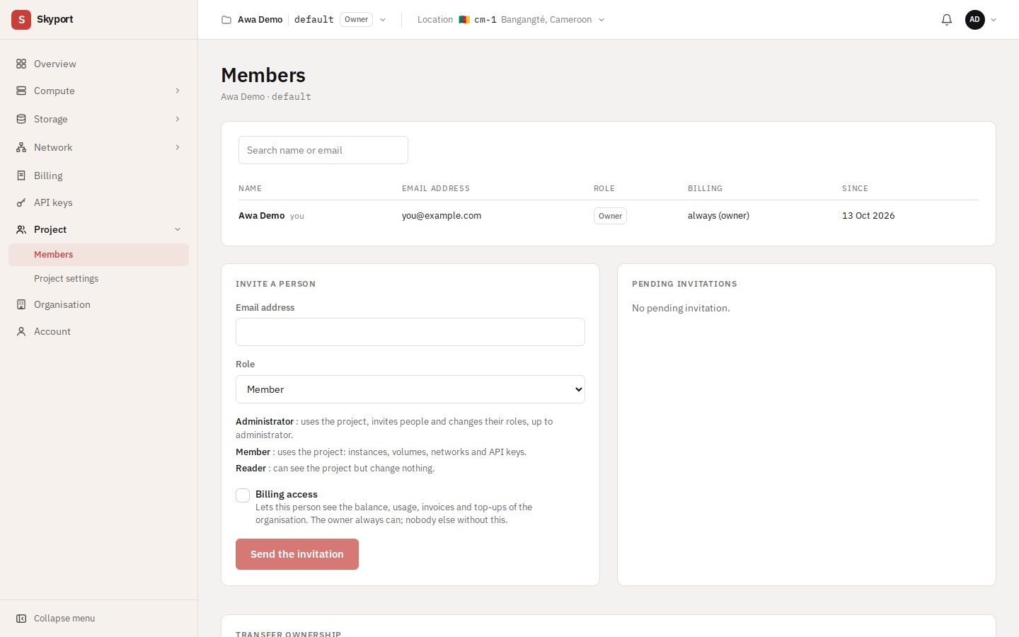 Inviting a person, and pending invitations.