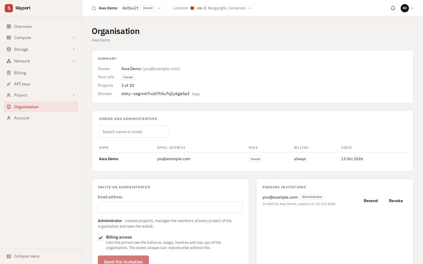The Organisation page.