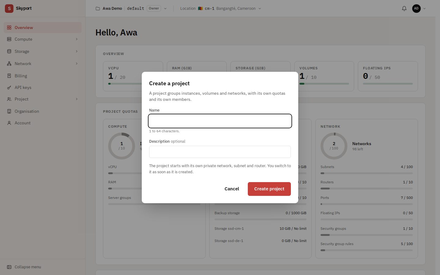 Creating a project, from the Project switcher.