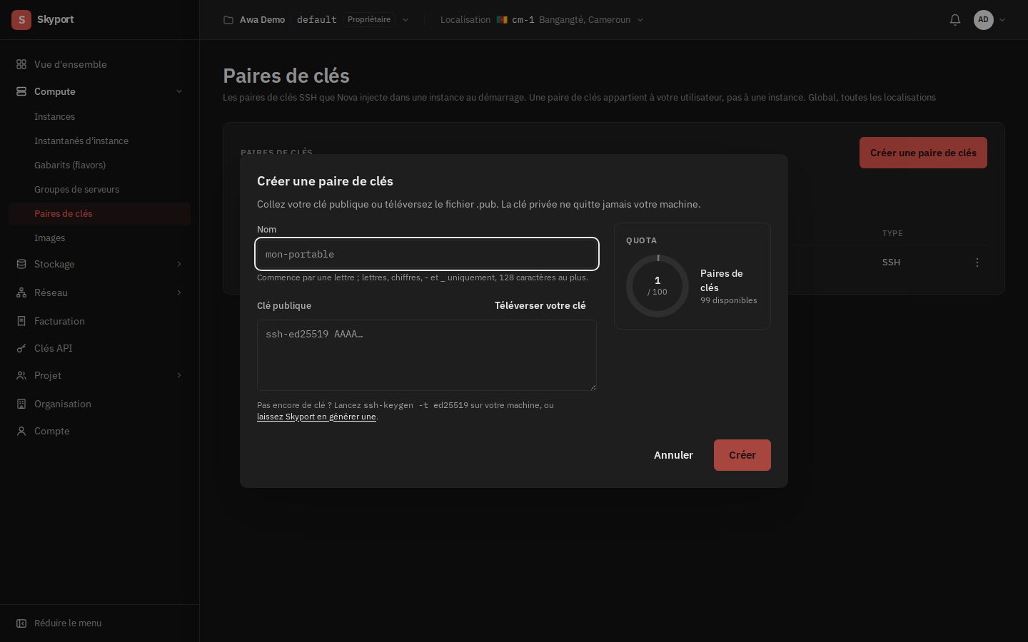 Créer une paire de clés, ou téléverser la vôtre.