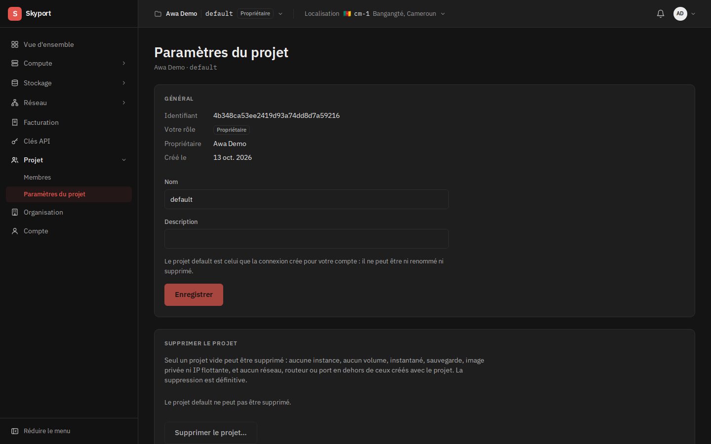 Les paramètres du projet.