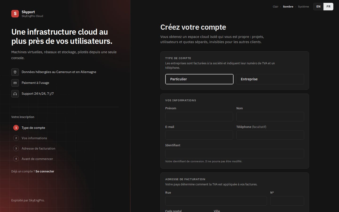 Le formulaire de création de compte du portail.