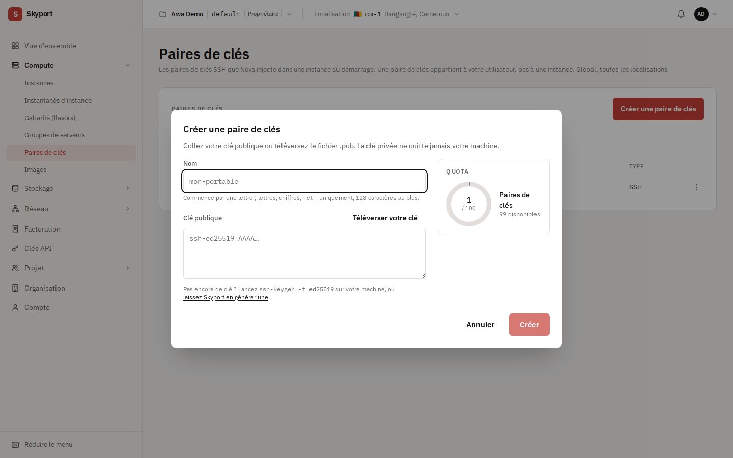 Créer une paire de clés, ou téléverser la vôtre.