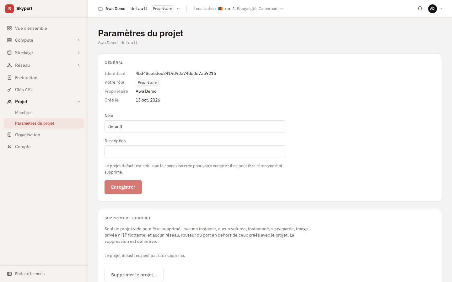 Les paramètres du projet.