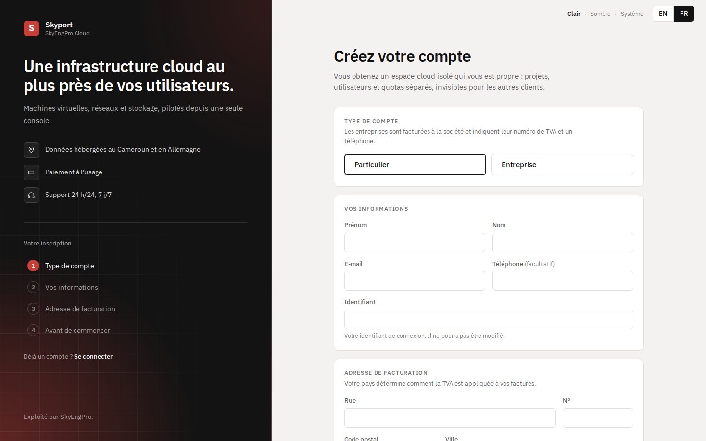 Le formulaire de création de compte du portail.